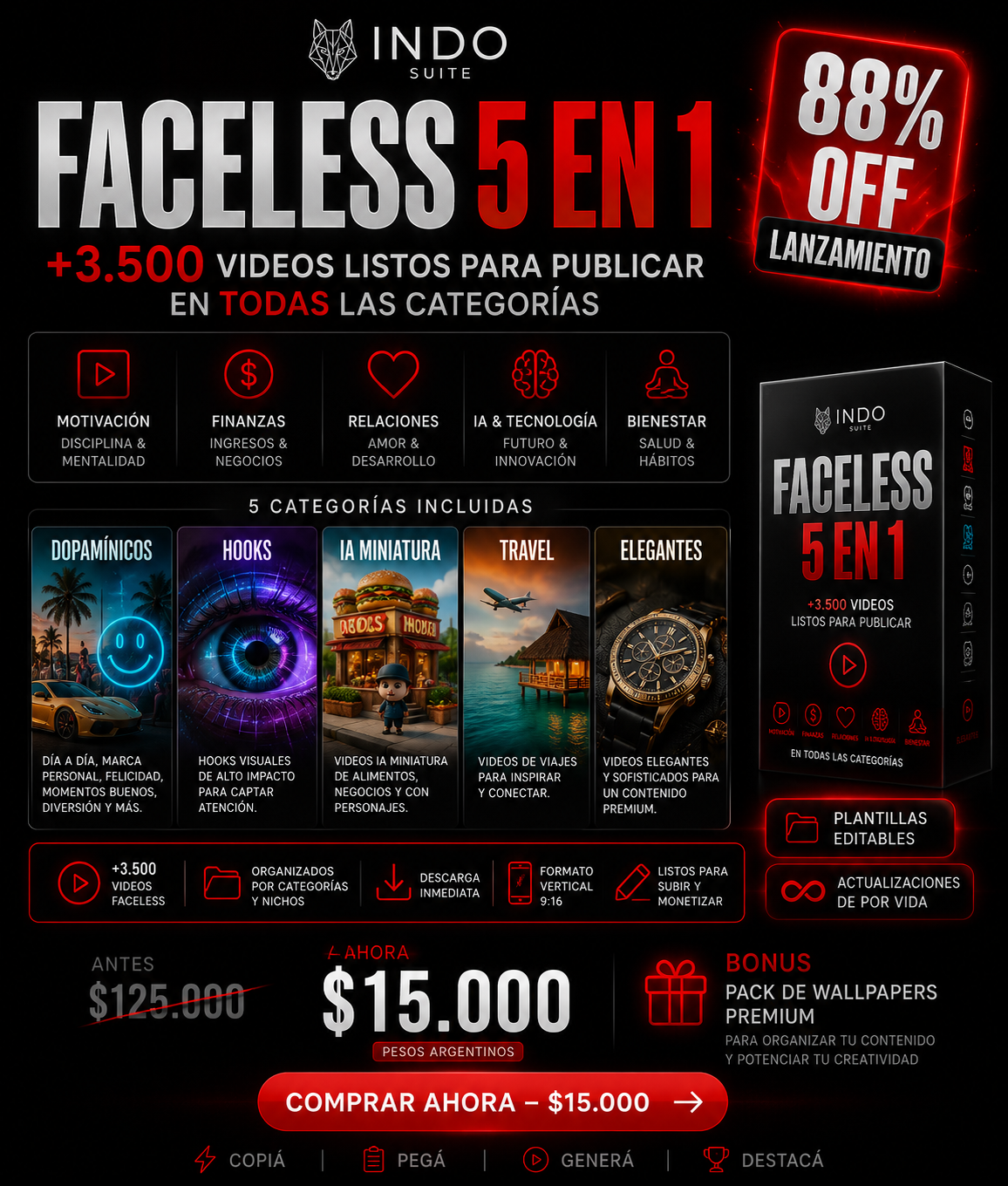 Indo Suite Faceless · Superpack 5 en 1 | +3.500 Videos | IA, Travel, Dopamínicos, Hooks & Elegantes