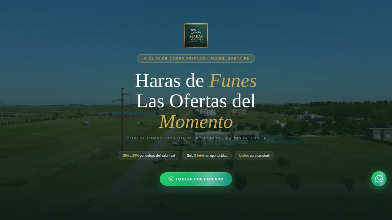 Página de Haras de Funes, club de campo, con las ofertas de lotes