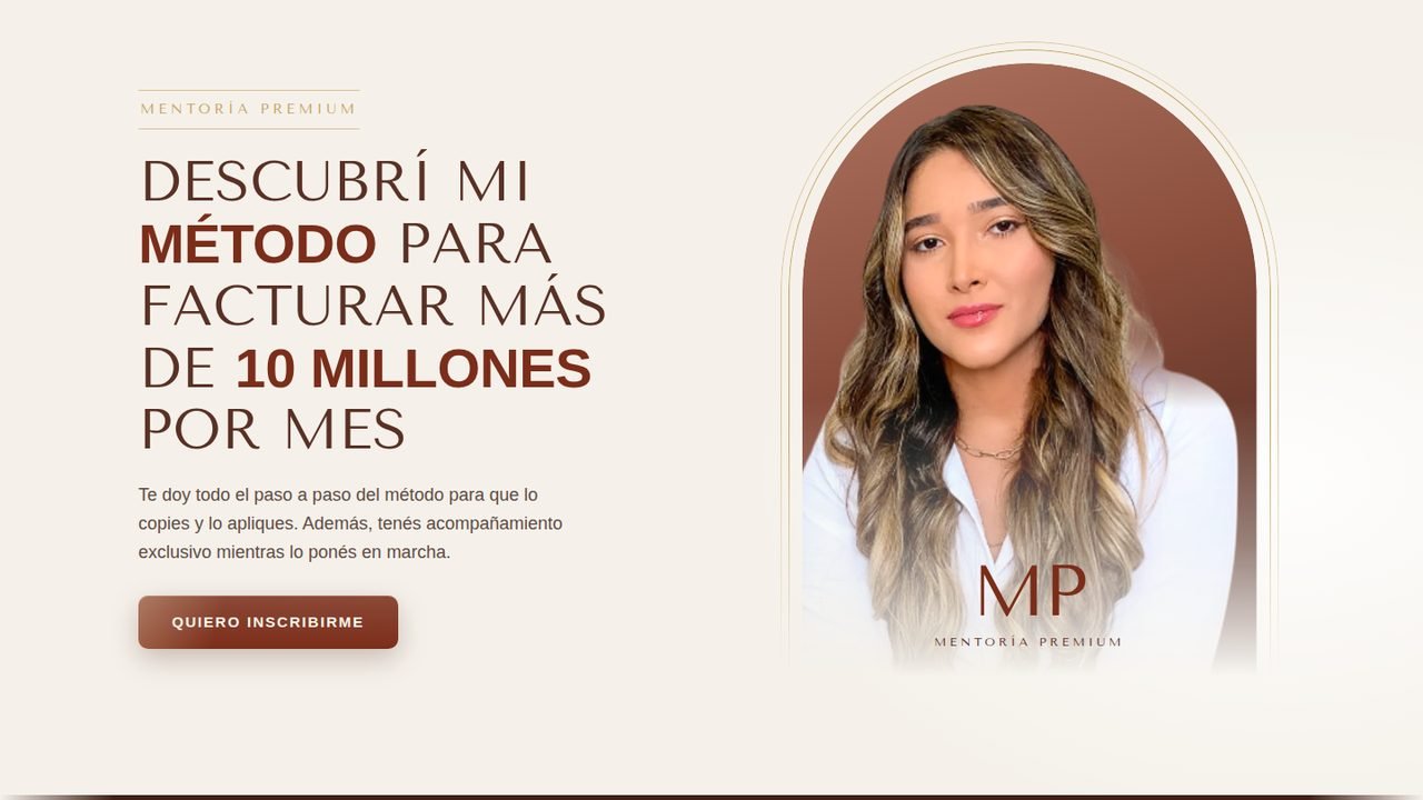 Página de venta de una mentoría con la mentora dentro de un arco café