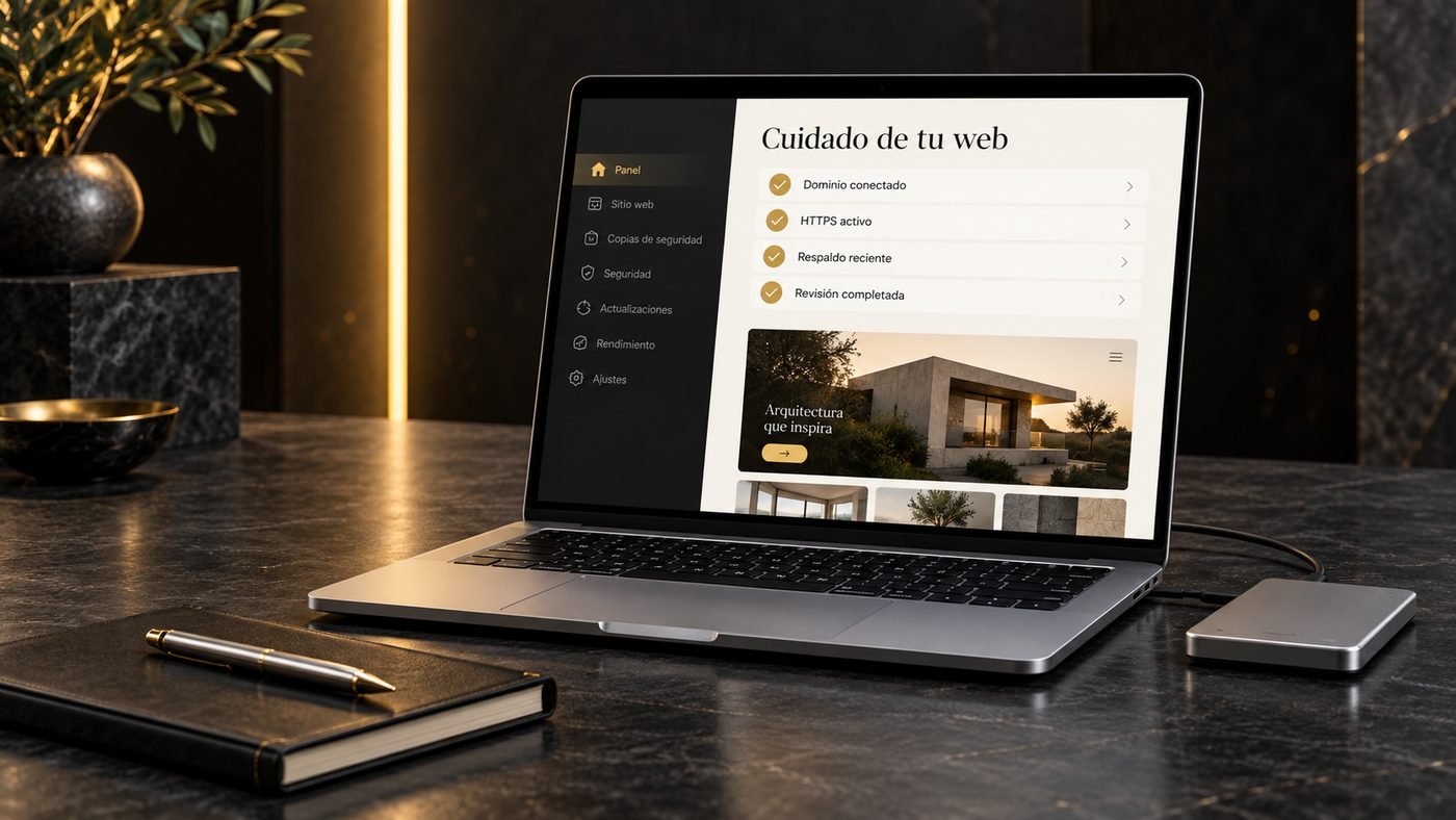 Panel de mantenimiento con dominio conectado, HTTPS activo, respaldo y revisión